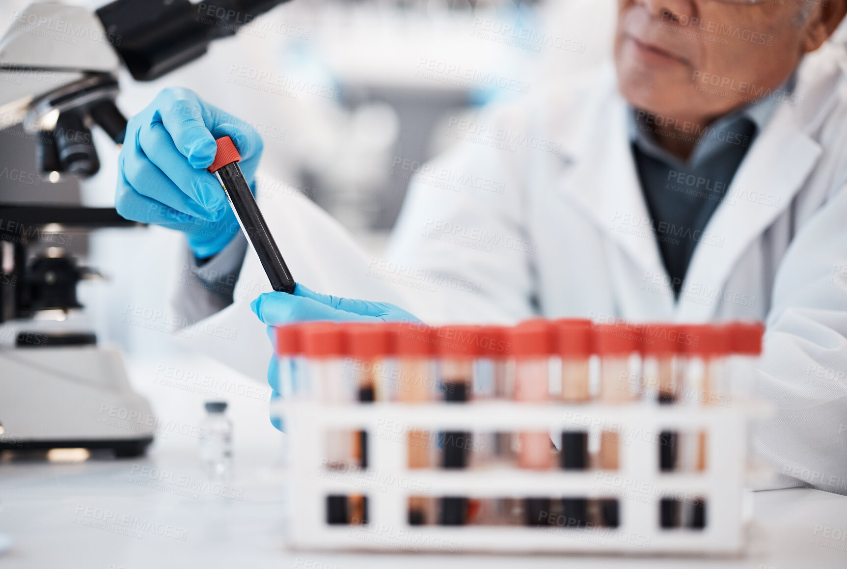 Buy stock photo Blood, science and scientist in laboratory with test tube sample for research, medical study and investigation. Healthcare, pharmaceutical and man with vial for dna testing, biology and rna analysis