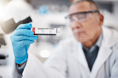 Buy stock photo Test tube, science and scientist in laboratory for monkeypox for research, medical study and vaccine. Healthcare, pharmaceutical and hand with vial for lab test, virus sample and disease breakthrough