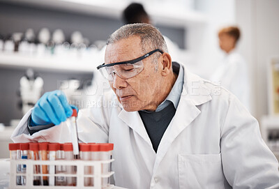 Buy stock photo Blood, science and senior man in laboratory with sample for research, medical study and forensic investigation. Healthcare, pharmaceutical and scientist with vial for dna test, biology and rna exam