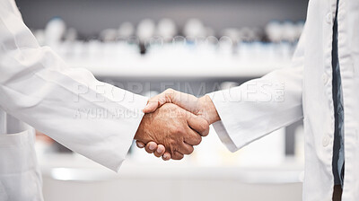 Buy stock photo Doctor, handshake and partnership in healthcare, medicine or trust for collaboration, unity or support at lab. Team of medical experts shaking hands in teamwork for agreement or success at pharmacy