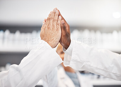 Buy stock photo High five hands, scientist and group in lab for results, success or congratulations for pharma. Science teamwork, team building and motivation for research, medical innovation or pharmaceutical study