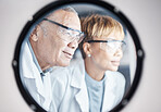 Science, research and team in laboratory incubator window for experiment, study and medical results. Healthcare mockup, biotechnology and scientists with safety glasses for virus, sample and analysis