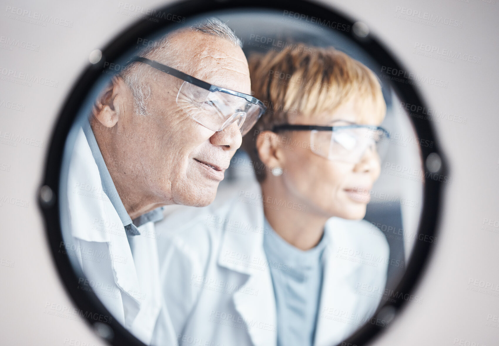 Buy stock photo Science, research and team in laboratory incubator window for experiment, study and medical results. Healthcare mockup, biotechnology and scientists with safety glasses for virus, sample and analysis