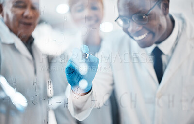 Buy stock photo Science, writing on glass and team in laboratory for experiment, chemistry equation and medical test. Healthcare, biotechnology and scientists meeting, brainstorming and thinking of medicine formula