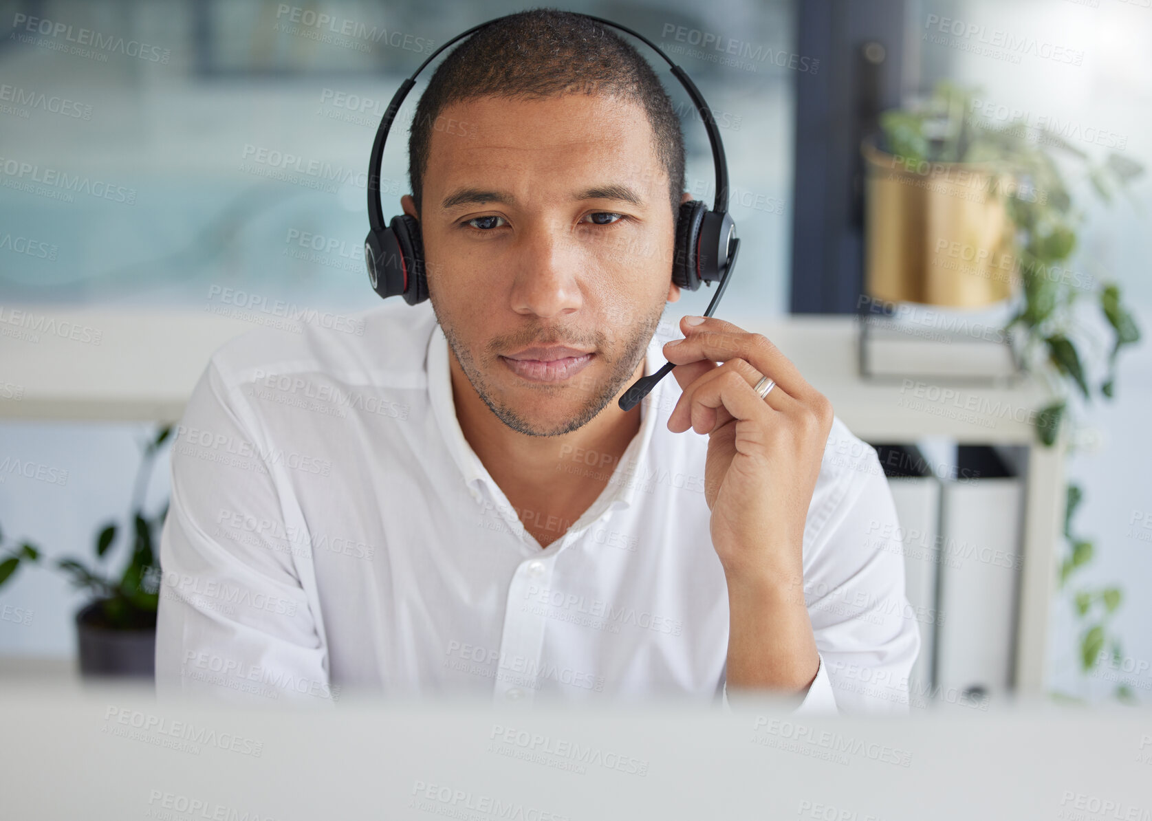 Buy stock photo Black man, call center and focus by computer for consulting, contact us and tech support on web in office. Crm expert, consultant and customer service agent with sales, telemarketing and help desk