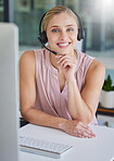 Crm, face or portrait of woman in call center with smile, helping or telemarketing online. Technical support, consultant or happy insurance agent in communication at customer services or sales job