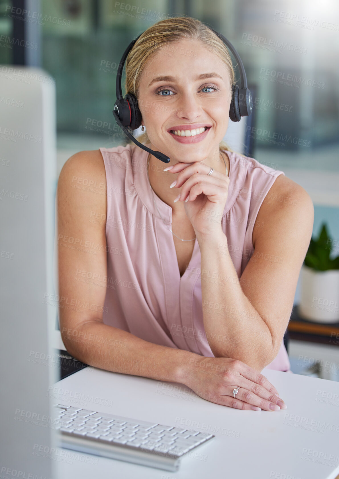 Buy stock photo Crm, face or portrait of woman in call center with smile, helping or telemarketing online. Technical support, consultant or happy insurance agent in communication at customer services or sales job