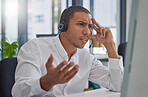 Confused, stress or frustrated black man in call center angry with 404 error at customer services help desk. Doubt, faq or mad sales consultant with mistakes or problems in a telemarketing company