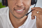 Closeup, mouth and man with headset, call center and  telemarketing for customer service, talking and advice. Zoom, male consultant and operator with device, tech support and consultation with smile