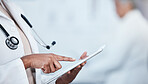 Hands, digital tablet and doctor at hospital, online and browsing against blurred background. Mockup, internet and schedule app for healthcare person at a clinic for planning, consulting or checkup