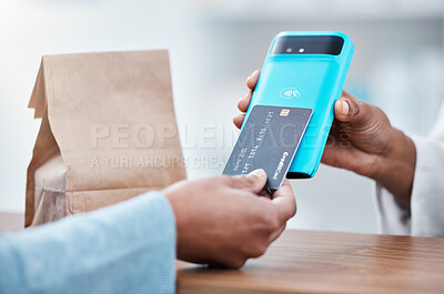 Buy stock photo Debit card, pos payment or hands of black people for pharmacy package, medicine or product. Retail finance sale, pharmacist or shopping customer buying for medical healthcare with fintech machine tap