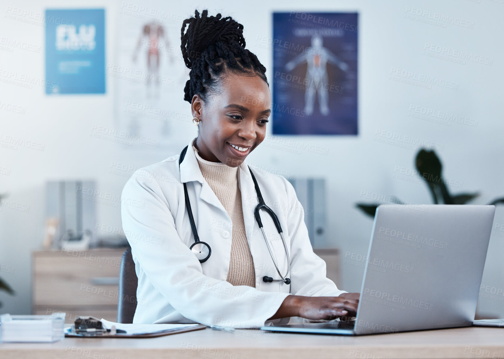 Buy stock photo Laptop, medical research and doctor typing medicine report, healthcare study or review digital archive database. Reading online info, hospital clinic and black woman doing analysis of health results