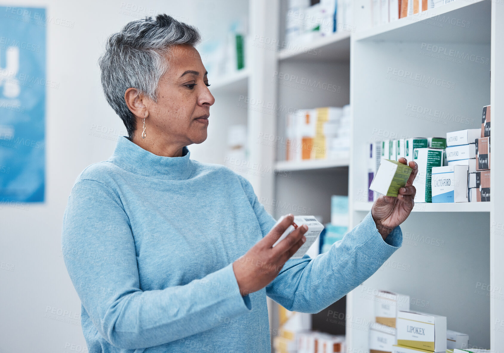 Buy stock photo Senior woman, pharmacy and choice with box, medicine and decision with shopping for healthcare. Elderly customer, retail drugs and pharmaceutical pills for health, wellness and medical store by shelf