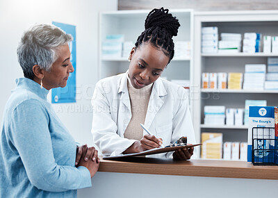 Buy stock photo Pharmacy, healthcare or clipboard with a customer and black woman pharmacist in a dispensary. Medical, insurance and trust with a female medicine professional helping a patient in a drugstore