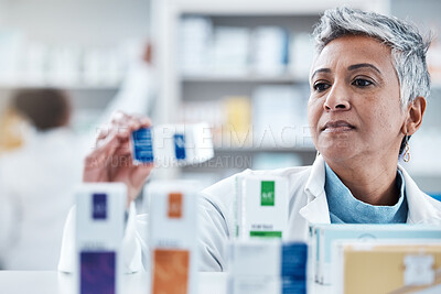 Elderly woman, pharmacist and check with box, medicine or pills by shelf in store for healthcare services. Senior pharma expert, retail stock and medical product for mockup space, health and wellness