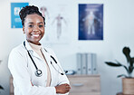 Happy, portrait and black woman doctor proud in hospital, excited or cheerful for healthcare innovation. Face, confident and female health expert smile for medical, mission or ready to help at clinic