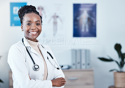 Happy, portrait and black woman doctor proud in hospital, excited or cheerful for healthcare innovation. Face, confident and female health expert smile for medical, mission or ready to help at clinic