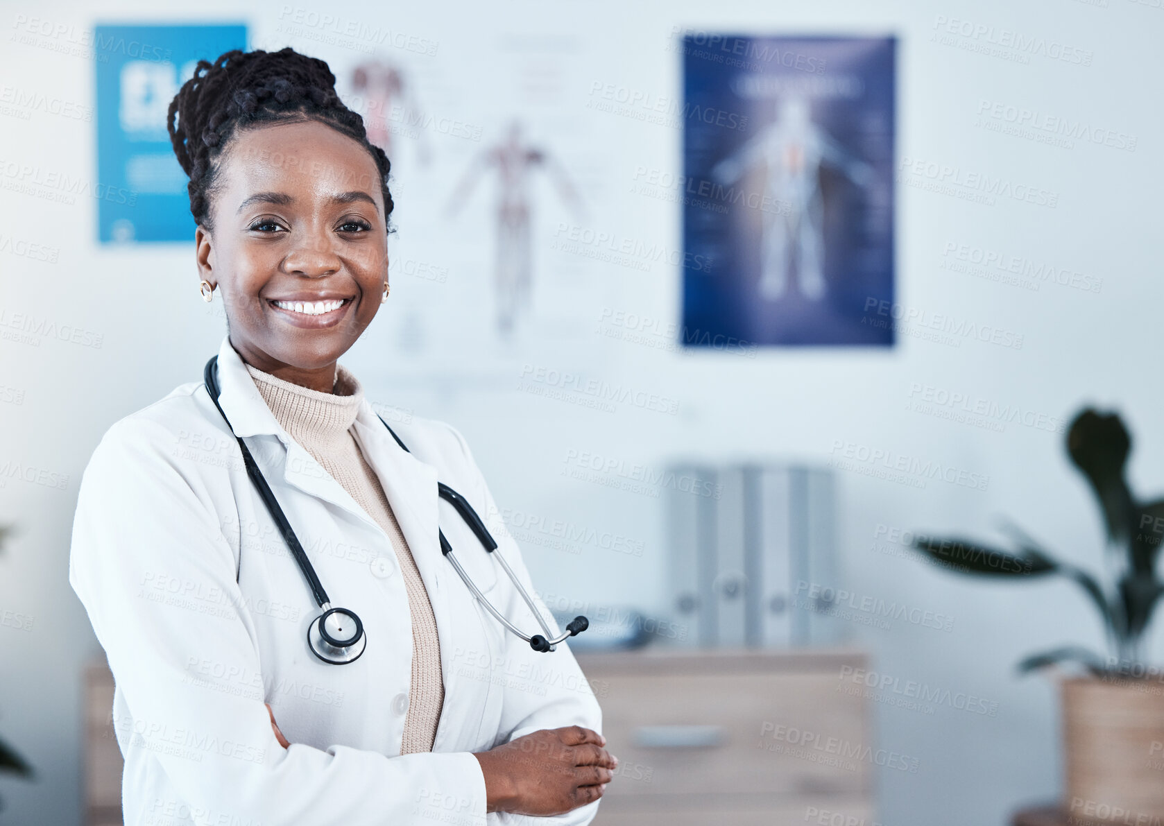 Buy stock photo Happy, portrait and black woman doctor proud in hospital, excited or cheerful for healthcare innovation. Face, confident and female health expert smile for medical, mission or ready to help at clinic