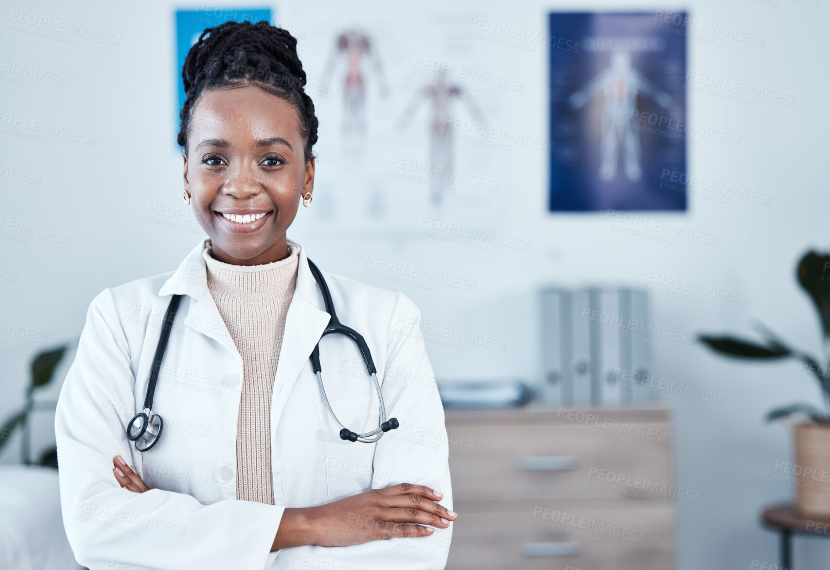 Buy stock photo Portrait, happy and black woman doctor proud in hospital, excited and cheerful for healthcare trust. Face, confident and female health expert smile for medical, mission or ready to work at clinic