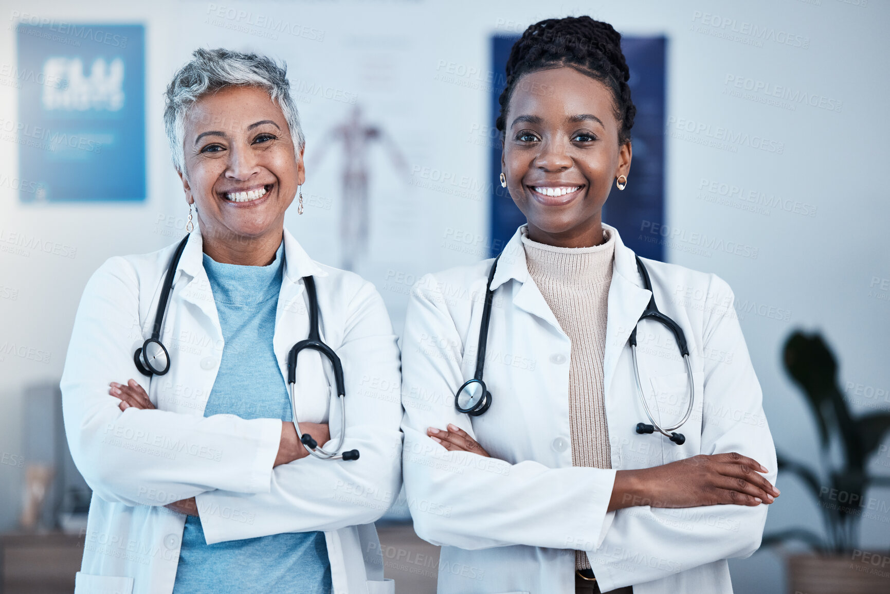 Buy stock photo Portrait, happy and proud doctor team in hospital with vision, goal or mindset for innovation. Face, diversity and women health experts leading with medical, partnership and commitment at a clinic