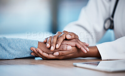 Buy stock photo Doctor and patient closeup, holding hands and consultation support, healthcare services and sad news, test results or help. Clinic, medical professional or black people consulting, helping and advice