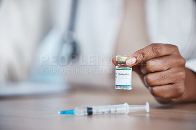 Buy stock photo Monkeypox vaccine, medical hands and doctor with medicine bottle, healthcare or booster vial for disease protection. Hospital nurse mockup, pharmacy pharmacist and black woman with virus immunization