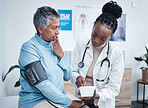 Black woman, doctor and elderly patient with blood pressure reading for wellness, advice and conversation. Medic, senior client and surprise face for health, cardiology and results in clinic office