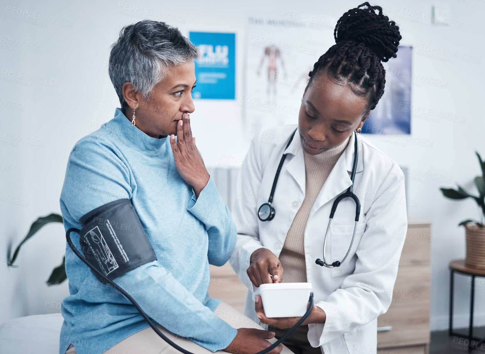 Buy stock photo Doctor, elderly woman and surprise for blood pressure reading with wellness, advice and conversation. African medic, senior client and shock face for health, cardiology and results in clinic office