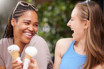 Ice cream, girl friends laugh and happiness of bonding together with diversity and friendship. Travel, summer fun and smile of a black woman and friend outdoor with cold dessert on holiday in the sun