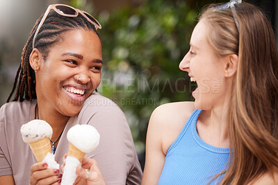 Buy stock photo Ice cream, girl friends laugh and happiness of bonding together with diversity and friendship. Travel, summer fun and smile of a black woman and friend outdoor with cold dessert on holiday in the sun