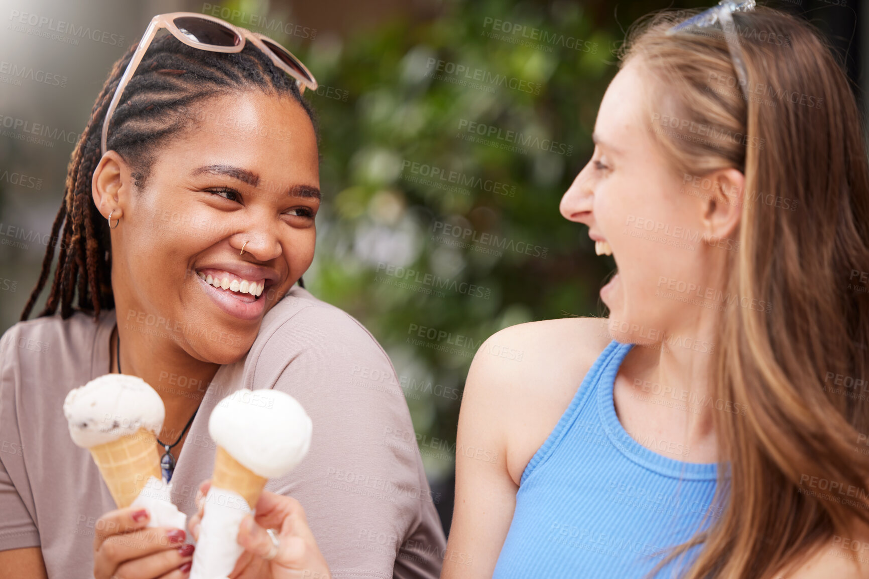 Buy stock photo Ice cream, girl friends laugh and happiness of bonding together with diversity and friendship. Travel, summer fun and smile of a black woman and friend outdoor with cold dessert on holiday in the sun