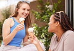 Friends eating icecream, happiness and dessert outdoor, travel with freedom, snack and smile while on holiday. Diversity, happy and eating gelato, summer and together with women bonding in Italy