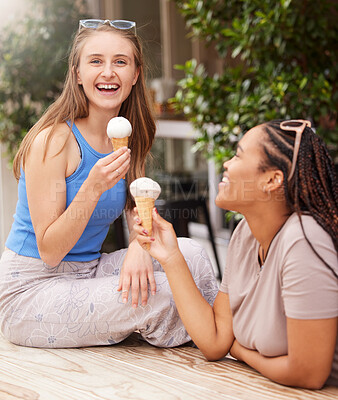 Buy stock photo Friends eating ice cream, happy with dessert outdoor and travel with freedom, snack and smile while on holiday. Diversity, happiness and eat gelato, summer and together with women bonding in Italy