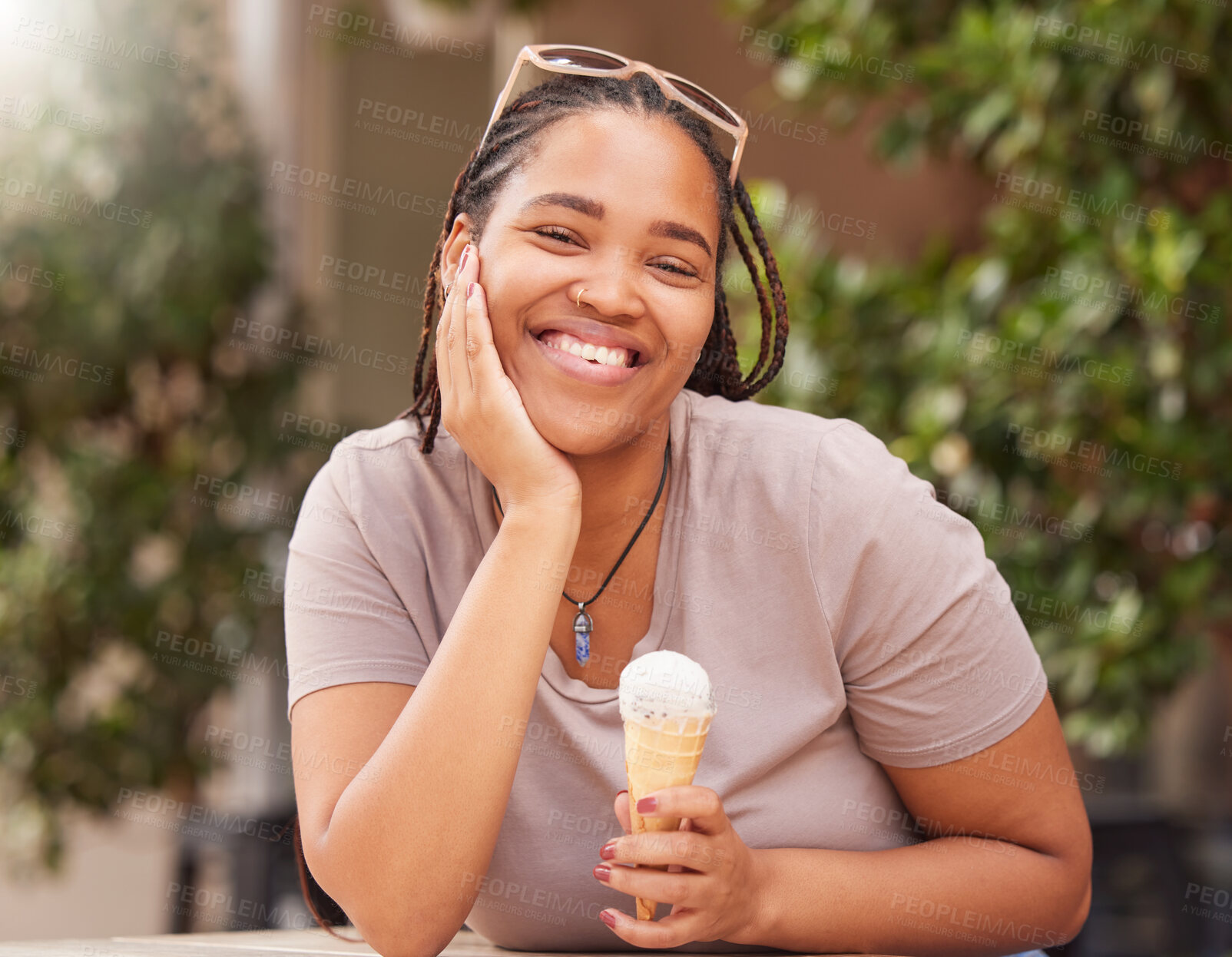 Buy stock photo Black woman with ice cream, happy with dessert and portrait outdoor, travel with freedom and snack with smile. African female, happiness and eating gelato, summer holiday and care free in Italy