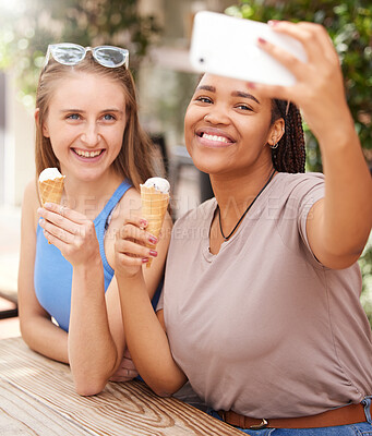 Buy stock photo Friends, ice cream and selfie outdoor with travel, happy with dessert and spending time together on vacation abroad. Social media post, smile in picture and eating gelato, diversity and young female