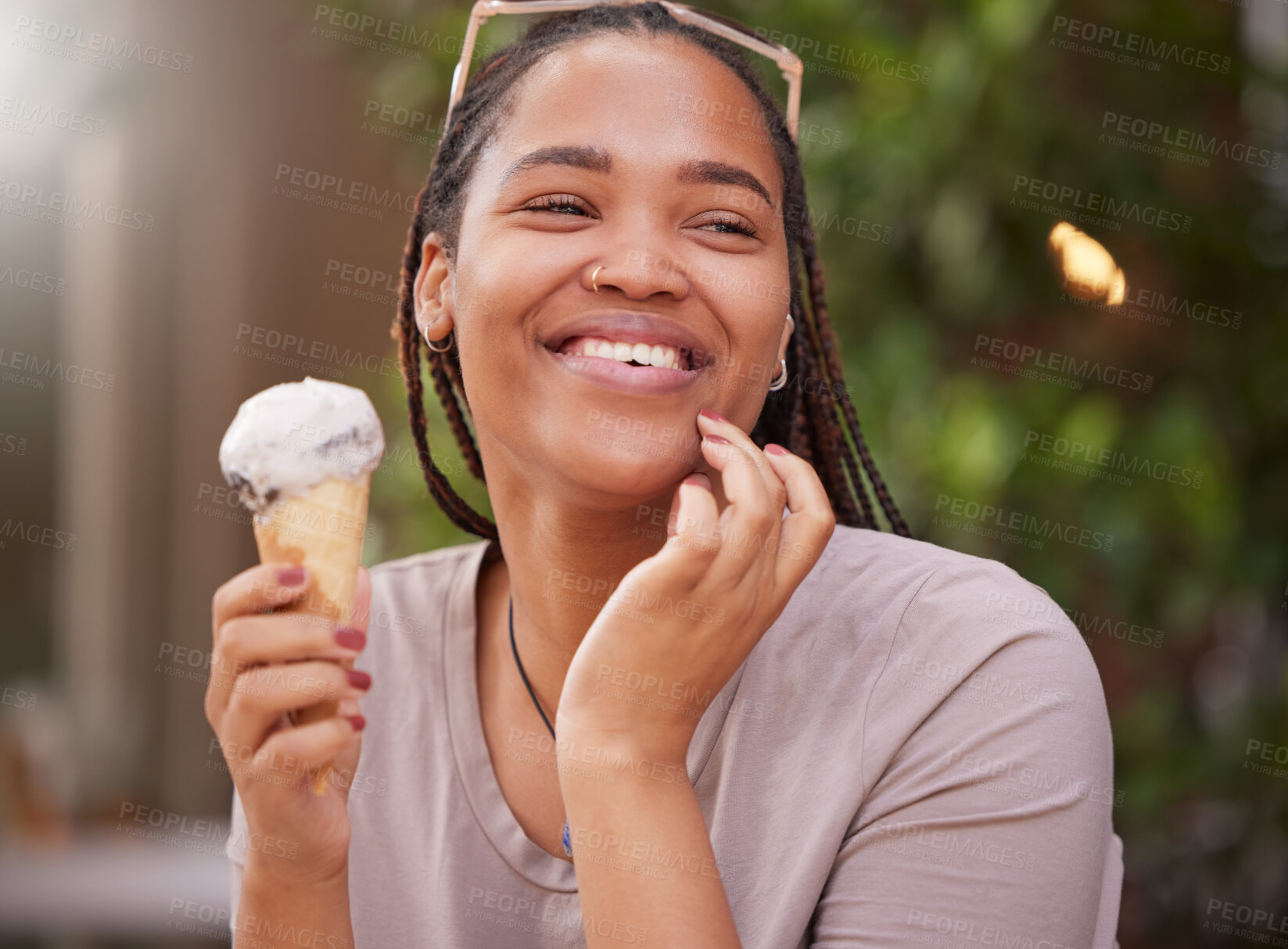 Buy stock photo Black woman with ice cream, smile with dessert outdoor and travel with freedom, snack and happy while on holiday. African female, happiness and eating gelato, summer and care free outside in Italy