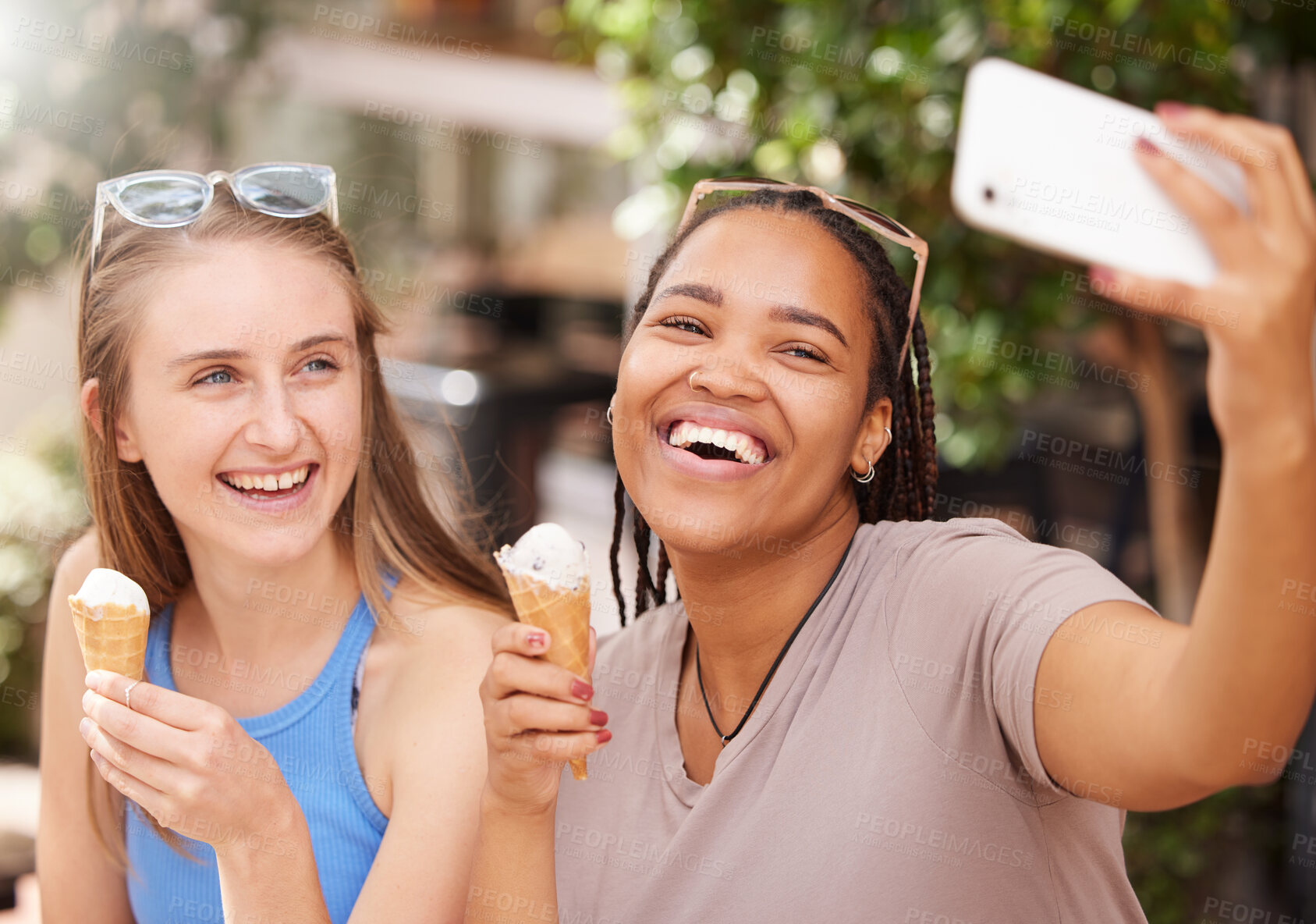 Buy stock photo Friends, icecream and laugh in selfie outdoor with travel, happy with dessert and spending time together on vacation. Social media post, funny with picture and young female eating gelato in Italy