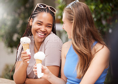 Buy stock photo Ice cream, best friends and happiness portrait of bonding with diversity and friendship. Travel, summer fun and smile of a black woman and friend outdoor with cold dessert on holiday in the sun