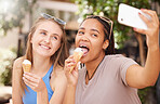 Friends eating ice cream, selfie outdoor with travel and happy with dessert and spend time together on vacation. Social media post, smile in picture and young female eating gelato in Italy on holiday