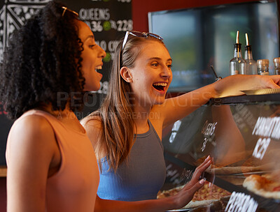 Buy stock photo Happy woman or friends order pizza at restaurant for lunch or dinner at small business startup and gen z lifestyle. Young diversity people at counter for fast food choice on sale, discount or deal