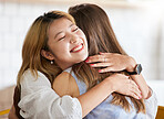 Smile, happy or friends hug in cafe bonding together on break on holiday vacation or weekend. Embrace, Asian or young women smiling in restaurant relaxing or hugging on fun date with support or unity