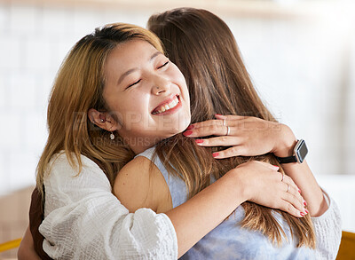 Buy stock photo Smile, happy or friends hug in cafe bonding together on break on holiday vacation or weekend. Embrace, Asian or young women smiling in restaurant relaxing or hugging on fun date with support or unity
