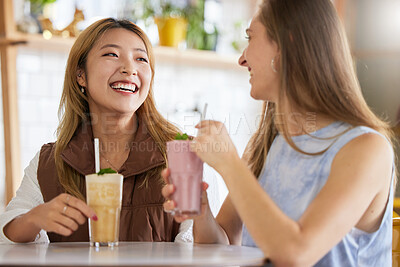 Buy stock photo Gossip, cocktails or friends in cafe with happy smile on holiday vacation or weekend relax together. Young girls, Asian or funny women smiling or laughing in restaurant for brunch date with drinks
