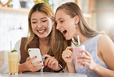 Buy stock photo Laughing, phone or friends on social media in cafe with happy smile on holiday vacation together. Crazy news, web or gen z women reading funny gossip content on mobile on date with cocktails drinks