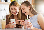 Funny, phone or friends on social media in cafe with happy smile on holiday vacation or weekend. Fake news, web or gen z women reading crazy gossip content on mobile app on date with cocktails drinks