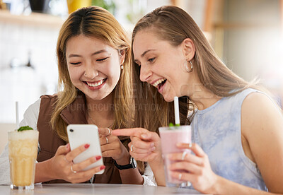 Buy stock photo Funny, phone or friends on social media in cafe with happy smile on holiday vacation or weekend. Fake news, web or gen z women reading crazy gossip content on mobile app on date with cocktails drinks