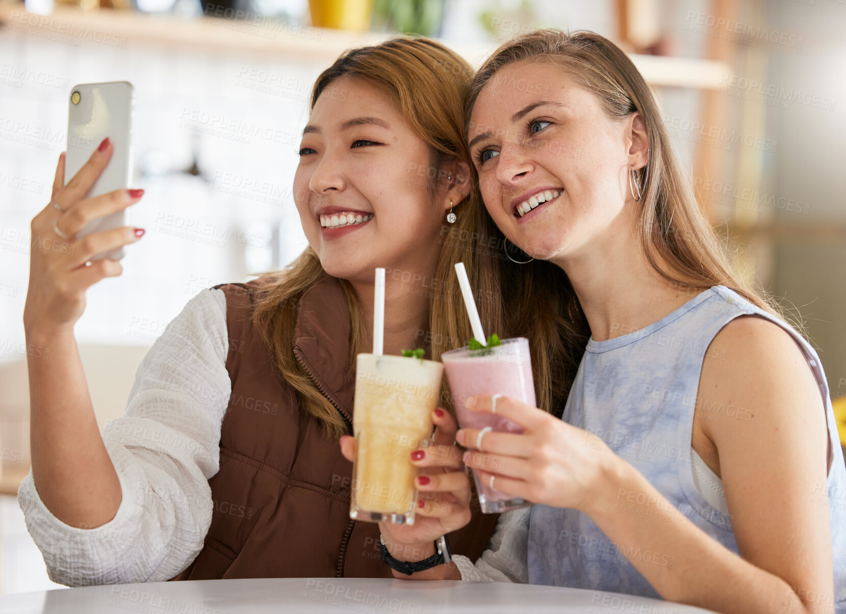 Buy stock photo Selfie, cocktails or friends take profile picture in cafe with happy smile on holiday vacation or weekend. Social media, Asian or young women smiling in restaurant for fun brunch date with drinks