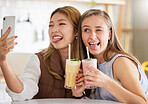 Selfie, wink or funny friends take profile picture in cafe with happy smile on holiday vacation or weekend. Crazy faces, Asian or young women smiling for social media posts brunch date with cocktails