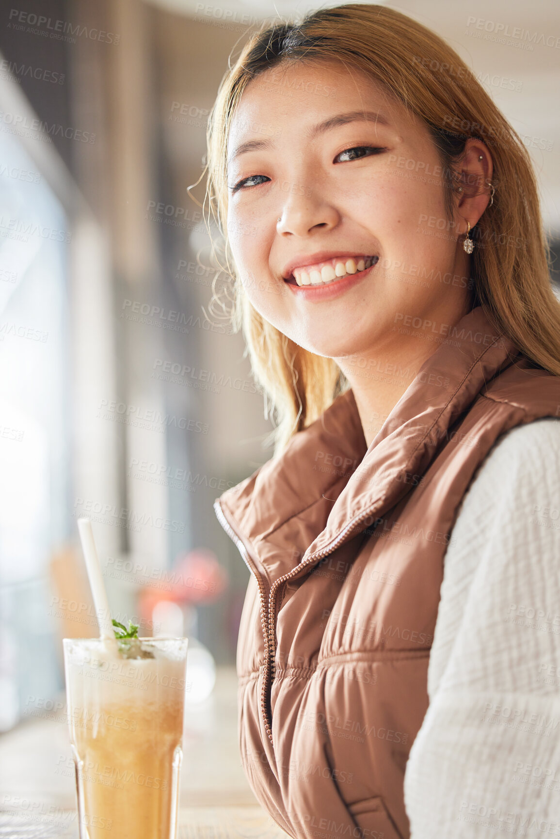 Buy stock photo Happy, relax and portrait of a woman with a drink at a cafe for breakfast at a coffee shop. Smile, happiness and beautiful Asian girl with a beverage at a restaurant for enjoyment and relaxation