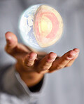 Globe hologram, earth and hands of woman with 3d digital model for global warming mockup. Science anatomy, holographic planet and futuristic illustration for geography, geology layer and world sphere